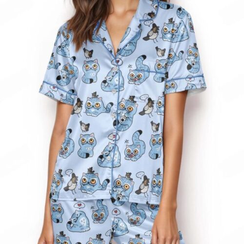 Derpy Blue Tiger Satin Pajamas Short Set