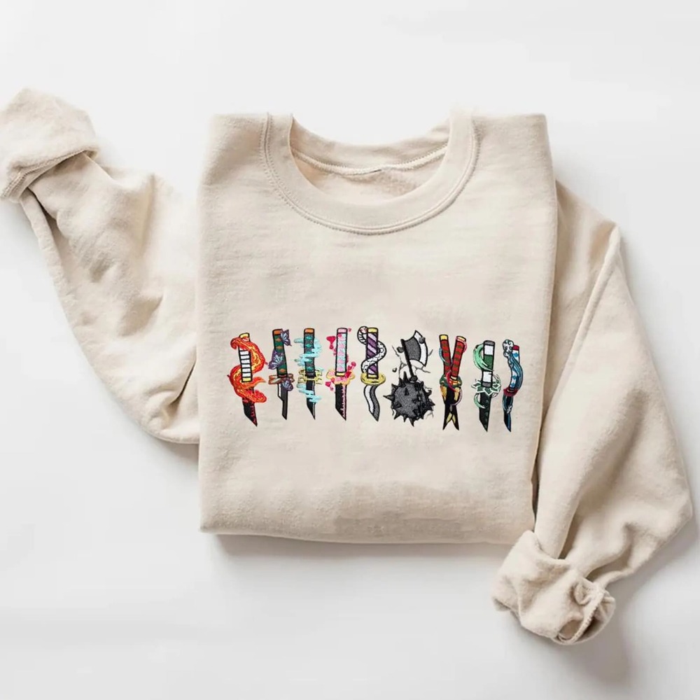 Embroidered Anime Crewneck Sweatshirt, Demon Slayer Fan Embroidered Anime Crewneck Sweatshirt, Demon Slayer Fan