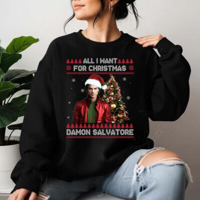 All I Want For Christmas Is Damon Salvatore Ugly Xmas Holiday Sweatshirt and Hoodie