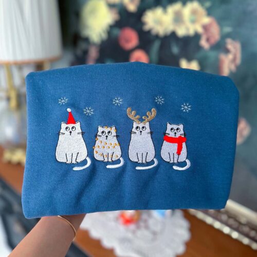 Christmas Cat Embroidered Sweatshirt