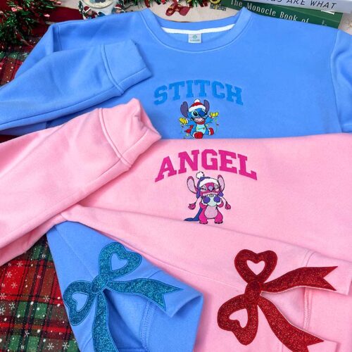 Stitch and Angel Christmas Sided Bow  – Embroidered Sweatshirt/Hoodie/T-shirt