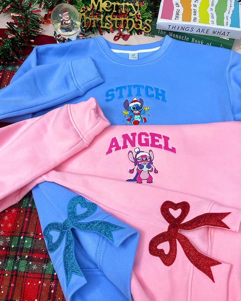 Stitch & Angel Christmas Sided Bow – Embroidered Youth Sweatshirt/Hoodie/T-shirt Stitch & Angel Christmas Sided Bow – Embroidered Youth Sweatshirt/Hoodie/T-shirt
