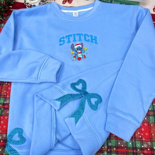 Stitch & Angel Christmas Sided Bow – Embroidered Youth Sweatshirt/Hoodie/T-shirt