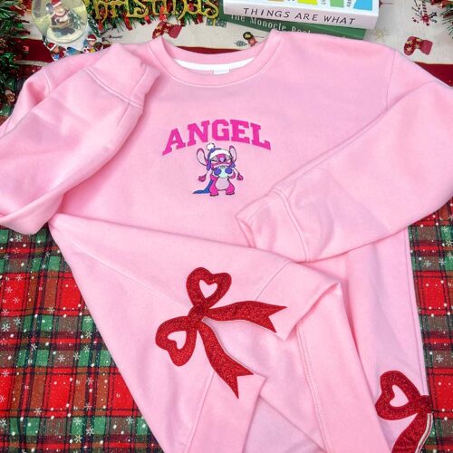Stitch and Angel Christmas Sided Bow  – Embroidered Sweatshirt/Hoodie/T-shirt