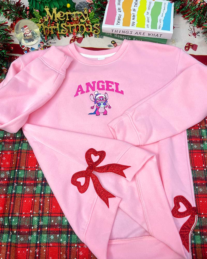 Stitch & Angel Christmas Sided Bow – Embroidered Youth Sweatshirt/Hoodie/T-shirt Stitch & Angel Christmas Sided Bow – Embroidered Youth Sweatshirt/Hoodie/T-shirt