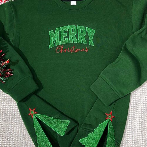 Merry Christmas Sided Bow – Embroidered Youth Sweatshirt/Hoodie/T-shirt