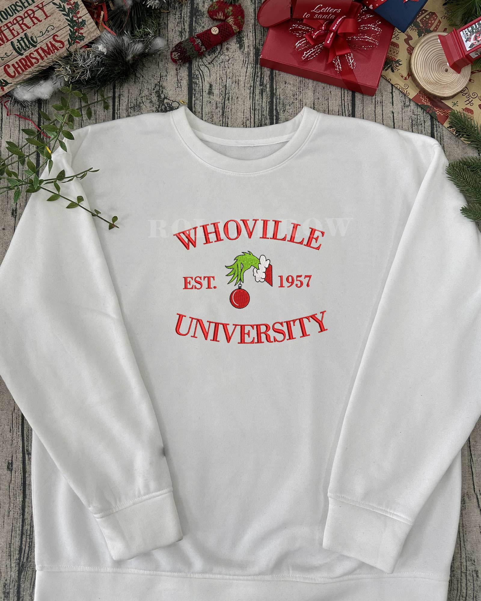 Whoville University Grinch Sweatshirt – Christmas Embroidered Sweatshirt Whoville University Grinch Sweatshirt – Christmas Embroidered Sweatshirt