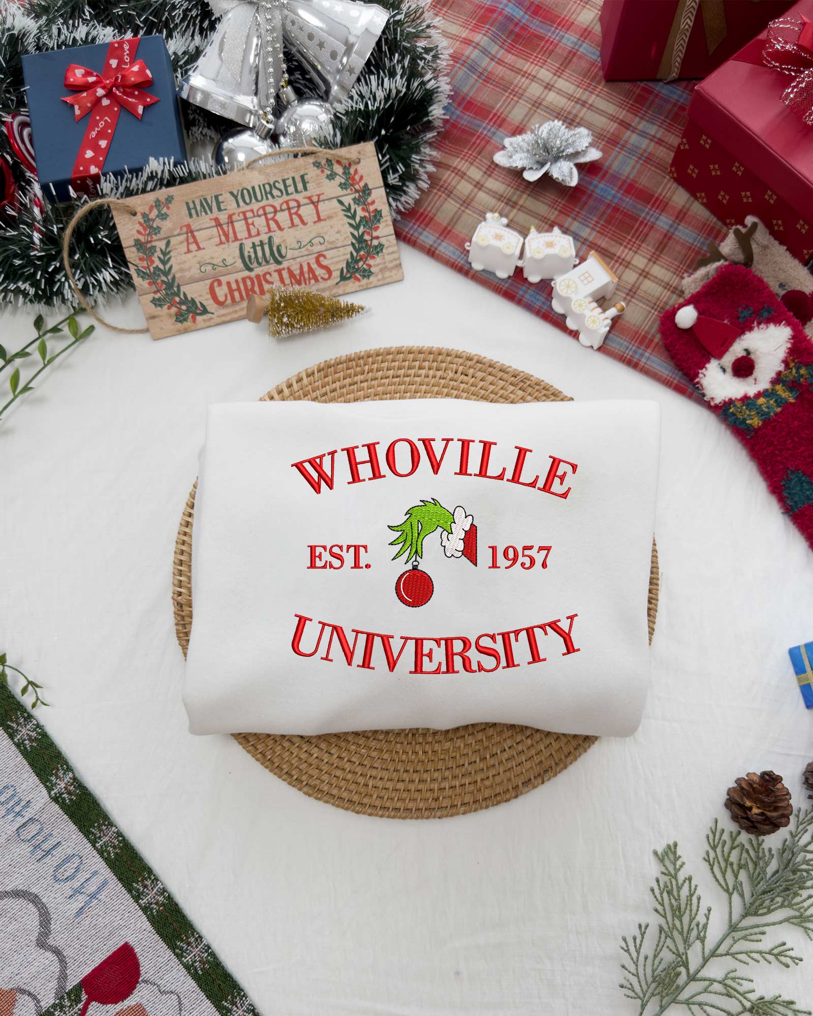 Whoville University Grinch Sweatshirt – Christmas Embroidered Sweatshirt Whoville University Grinch Sweatshirt – Christmas Embroidered Sweatshirt