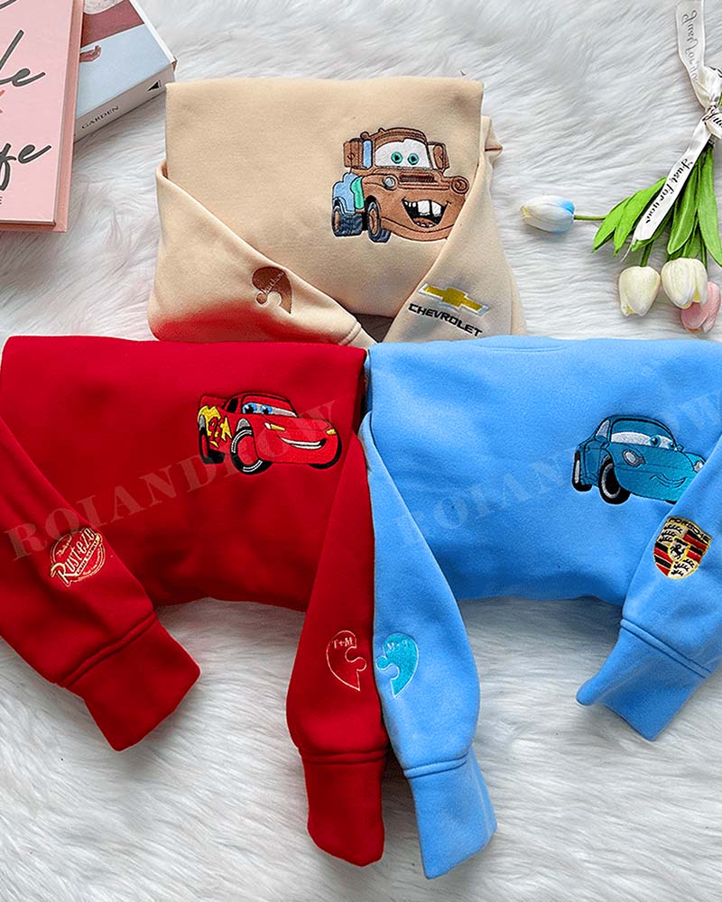 McQueen & Sally & Mater (Ver 3) – Embroidered Sweatshirt/Hoodie/T-shirt McQueen & Sally & Mater (Ver 3) – Embroidered Sweatshirt/Hoodie/T-shirt