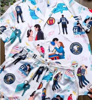 Hockey Romance Satin Pajama Set, Briar University Sleepwear, Off Campus Fan